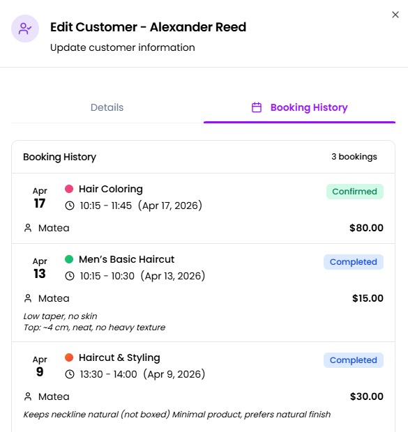 BeautyBind detailed booking history UI